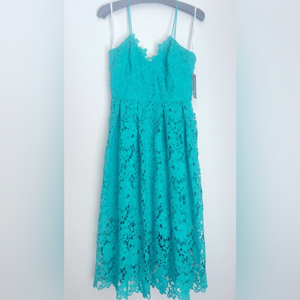 Donna Morgan Teal Lace Midi Dress